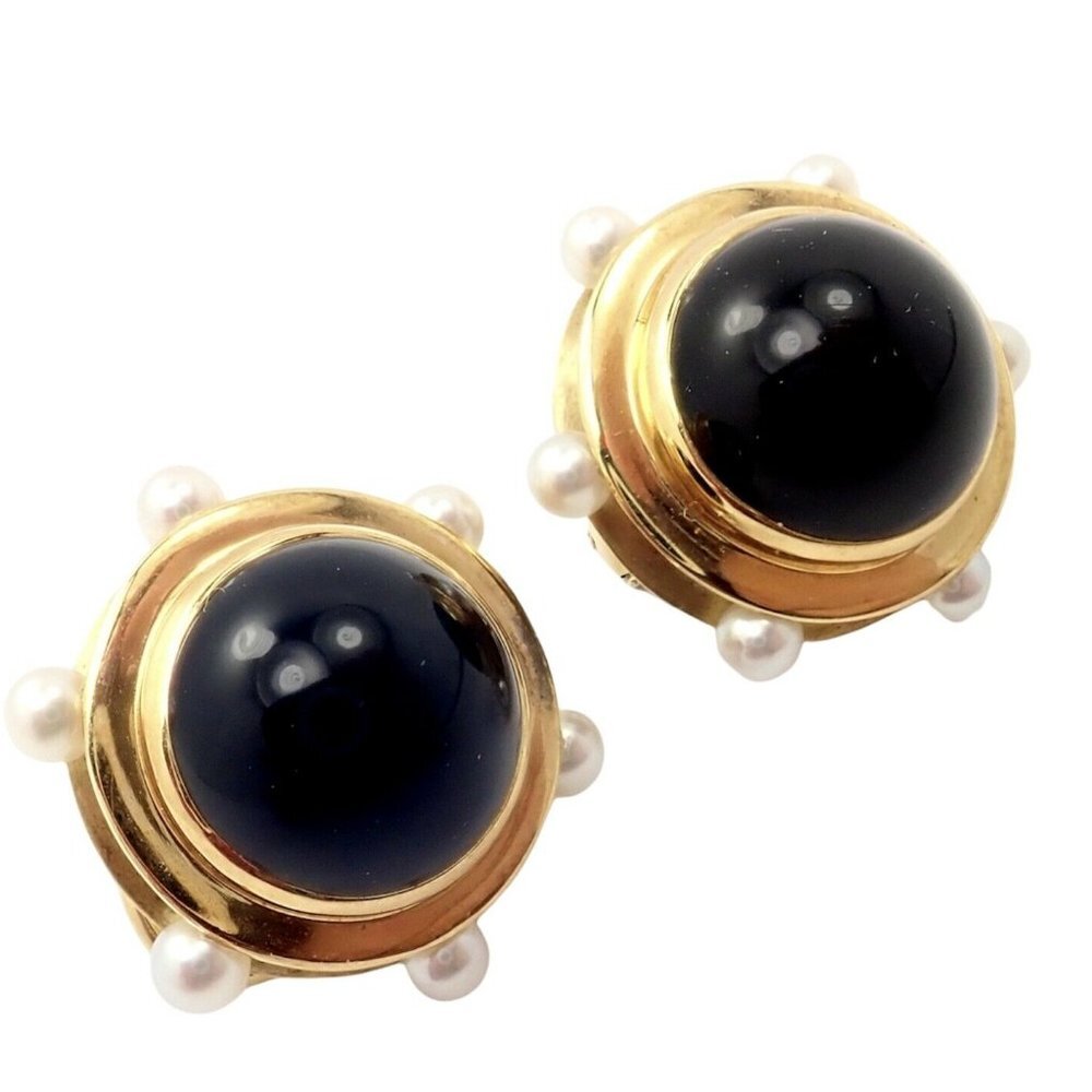 Vintage Authentic Rare Tiffany & Co. 18k Yellow Gold Pearl Onyx Earrings​
